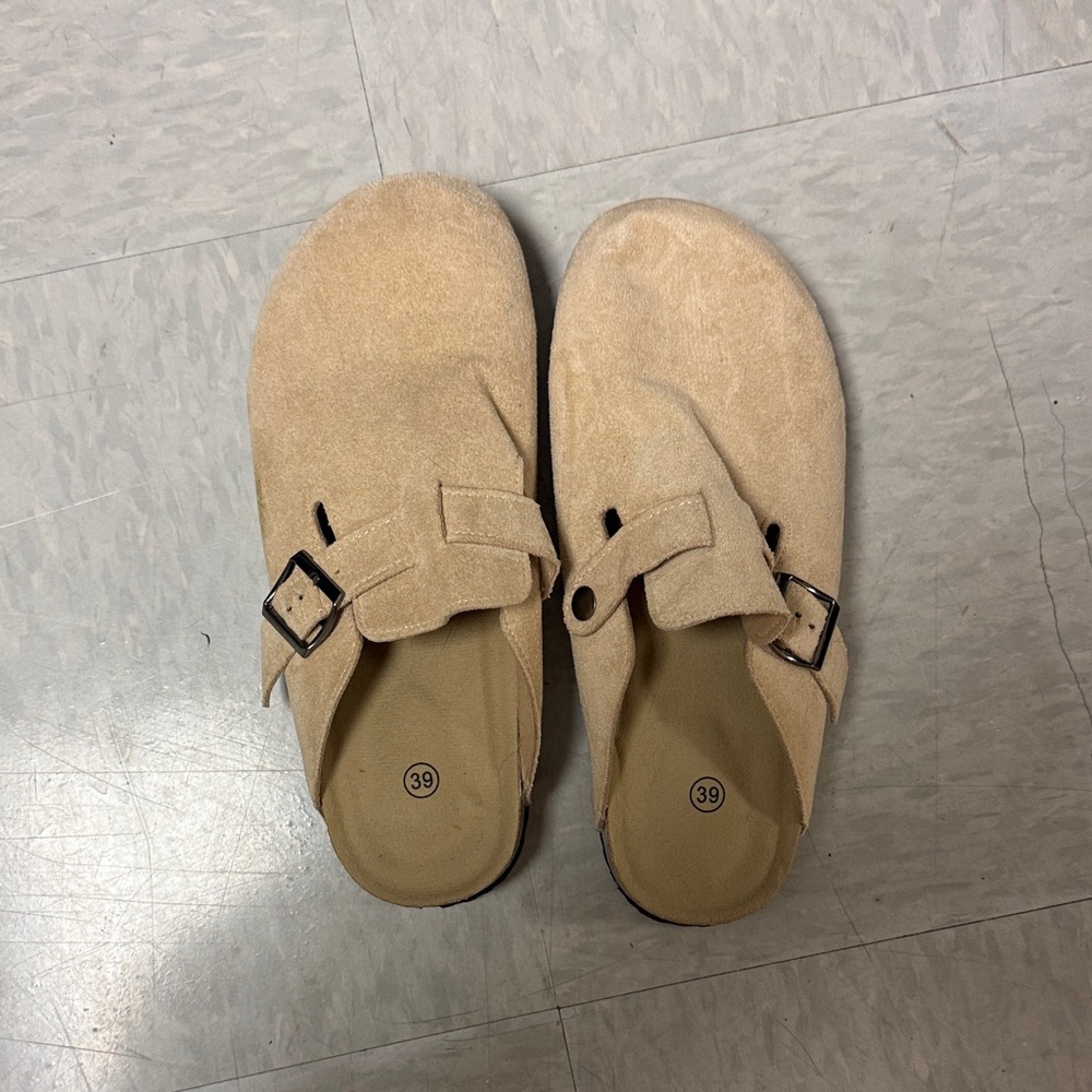 Tan Suede Clogs with Buckle